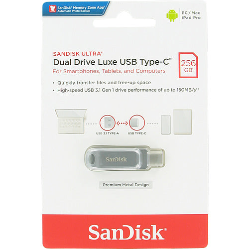 SanDisk 256GB Ultra Dual Drive Luxe USB Type-C - SDDDC4-256G-G46, Silver SanDisk 256GB Ultra Dual Drive Luxe USB Type-C - SDDDC4-256G-G46, Silver